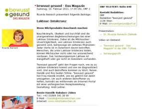 Beitrag Laktoseintoleranz, Bewusst gesund, 19.2.2011 ORF